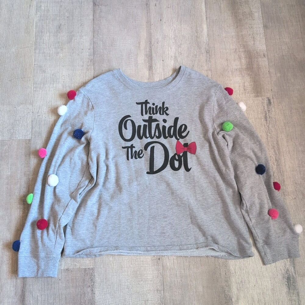 Disney Park Minnie Mouse Sweatshirt Size XL Gray Think Outside the Dots Poms